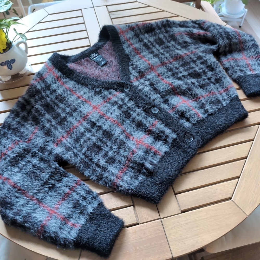 Social Collision Grey Plaid Fuzzy Girls Cardigan Plus Size